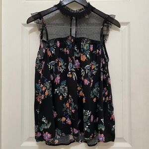 Arizona‎ Jean Co Floral Lace Top Black Sleeveless Ruffle Mock Neck Sheer Medium